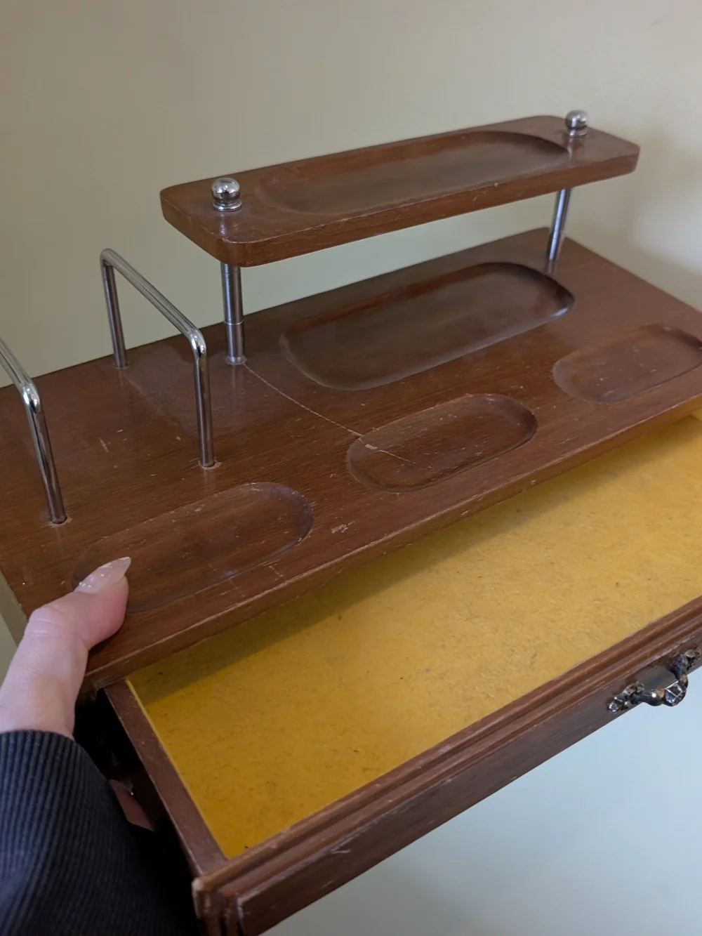 Wooden Desk Organizer with Raised Shelf and Drawer Jewelry Box - Picture 9 of 10